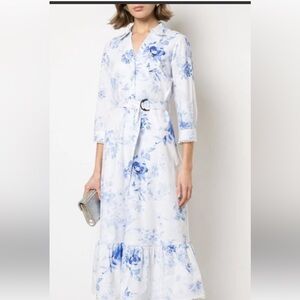 Chic Long Sleeve Floral Dress in Blue and White